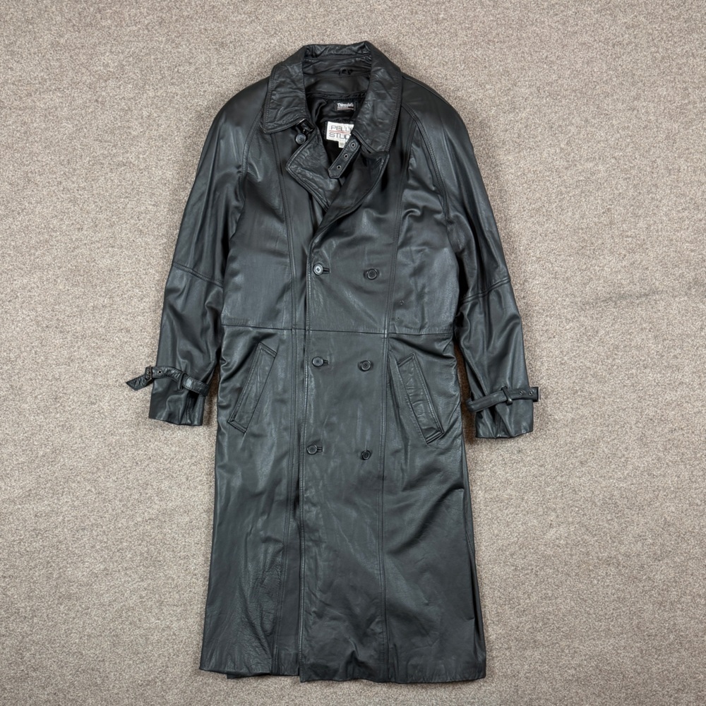 Vintage‎ 90s Pelle Studio Black Leather Double Breasted Long Trench Coat Men’s L